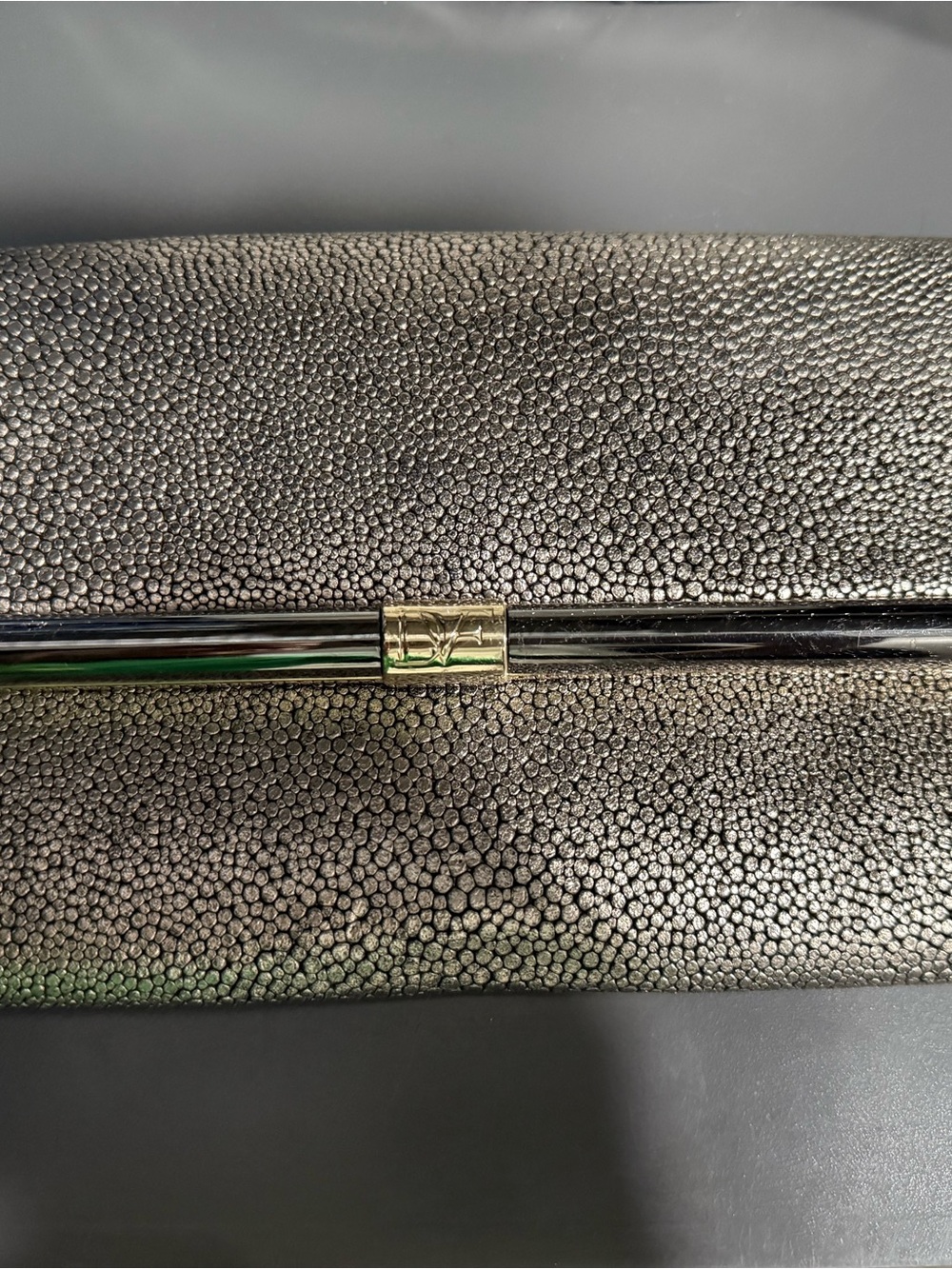 Diane Von Furstenberg Metallic Pebbled Clutch with Gold Bar